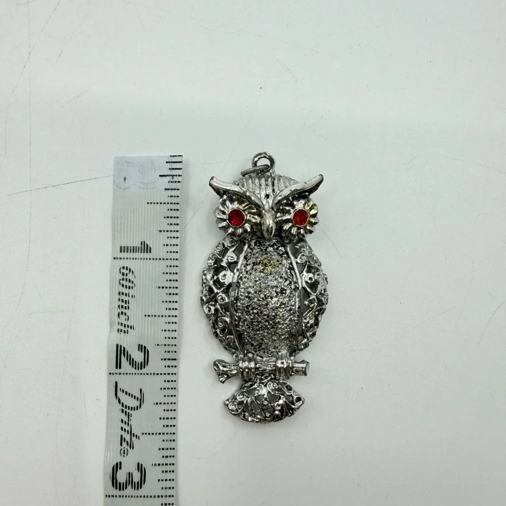 Silver Tone Red Rhinestone Eye Owl Pendant Gothic Halloween Statement Jewelry